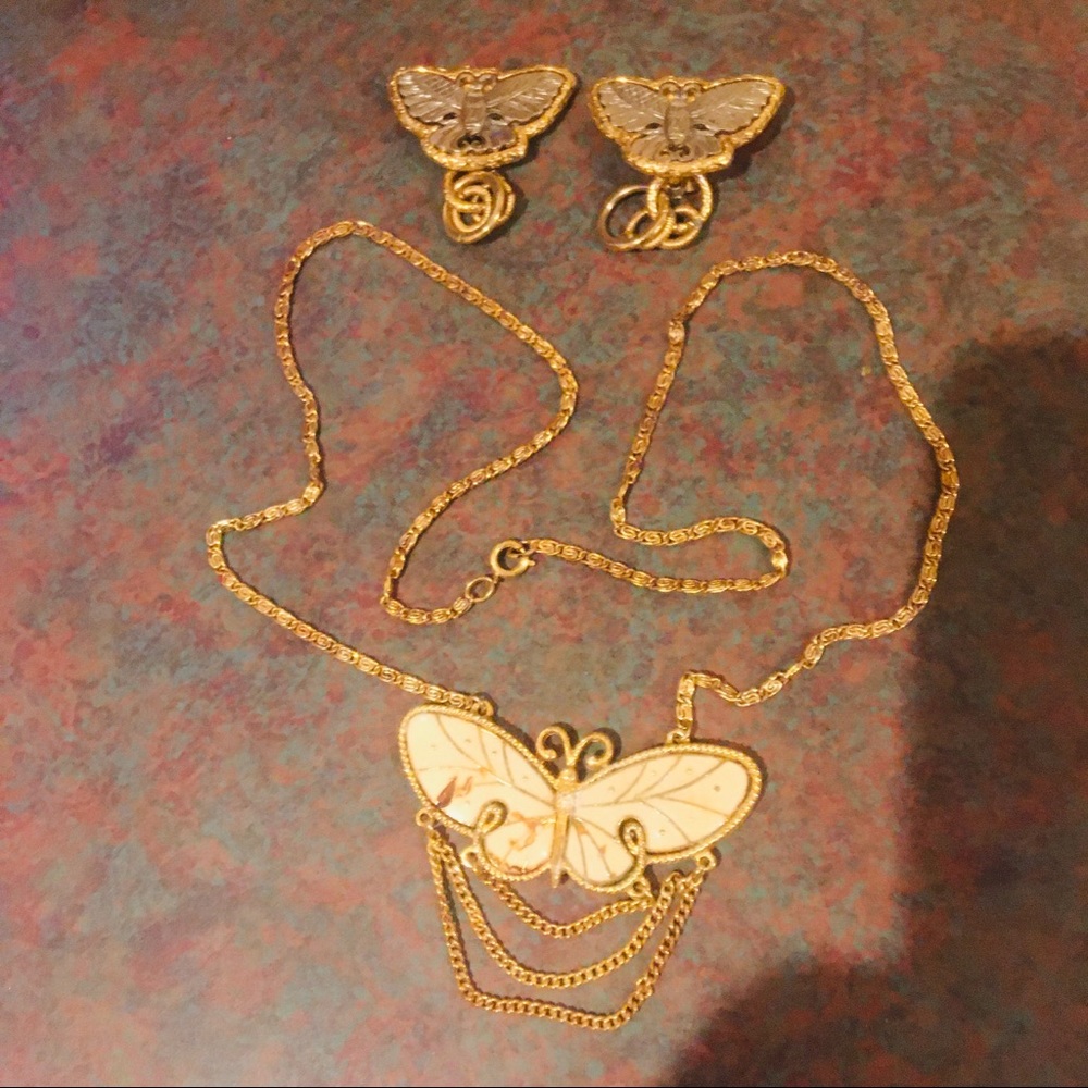 BOGO Butterfly necklace and clip earrings I. gold tone, silver and enamel